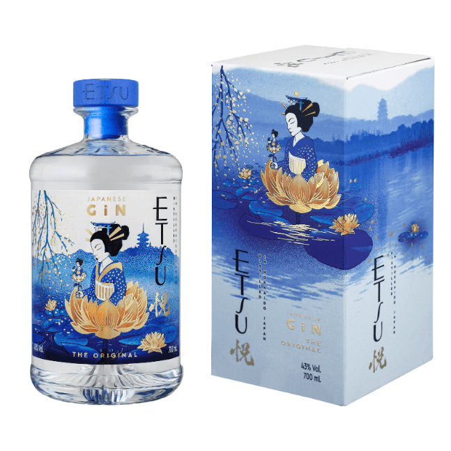 Etsu Original Japanese gin bottle and packaging, featuring an elegant design with a traditional Japanese theme.
