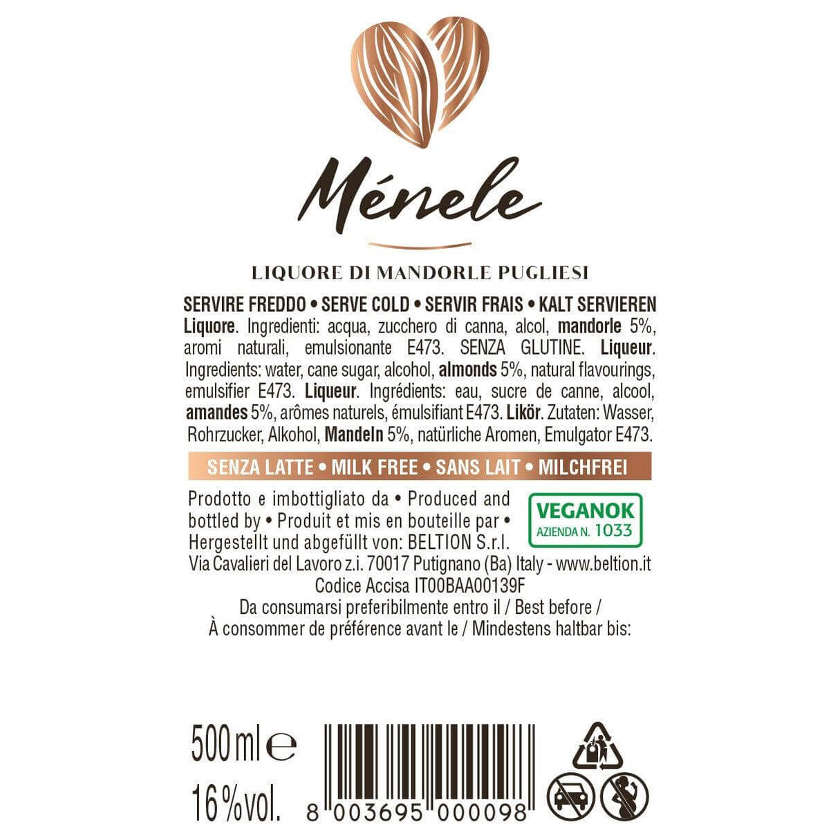 Label of Ménele Liquore di Mandorle, 500ml, highlighting ingredients and vegan certification.