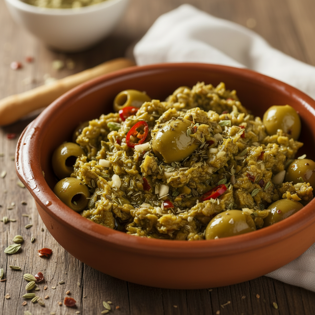 olive verdi schiacciate e condite con aglio origano peperoncino e olio di oliva conenute in una terrina