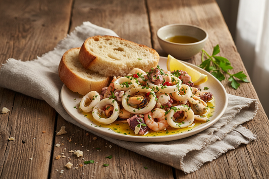 Antipasto del Pescatore su Pane Casereccio Calabrese