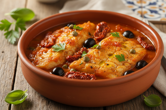 Bacalao Calabrés con Aceitunas Negras Monacali y Tomates Secos