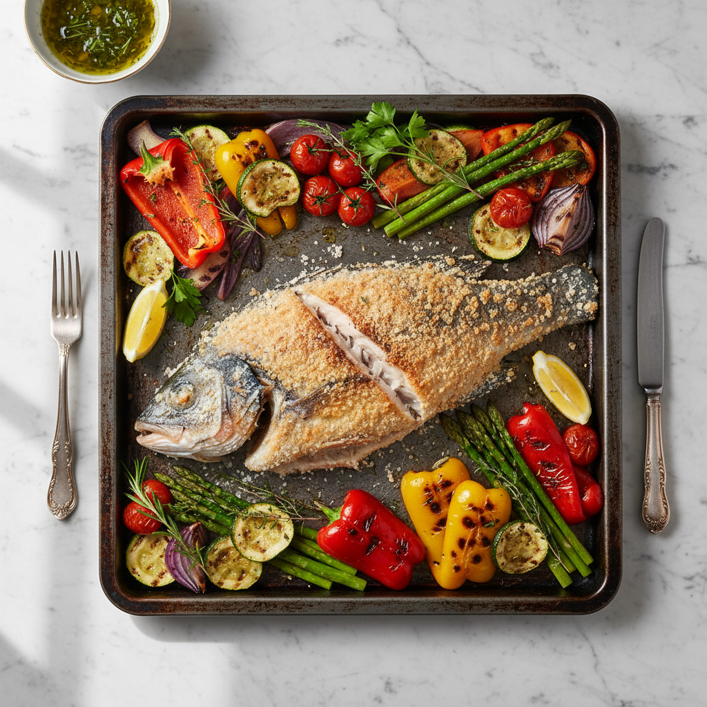 Branzino in Crosta di Sale con Verdure di Stagione