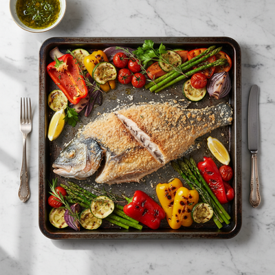 Branzino in Crosta di Sale con Verdure di Stagione