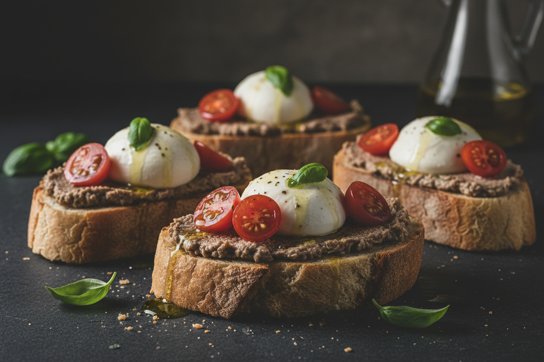 Bruschetta con Paté de Anchoas, Burrata y Tomates Cherry