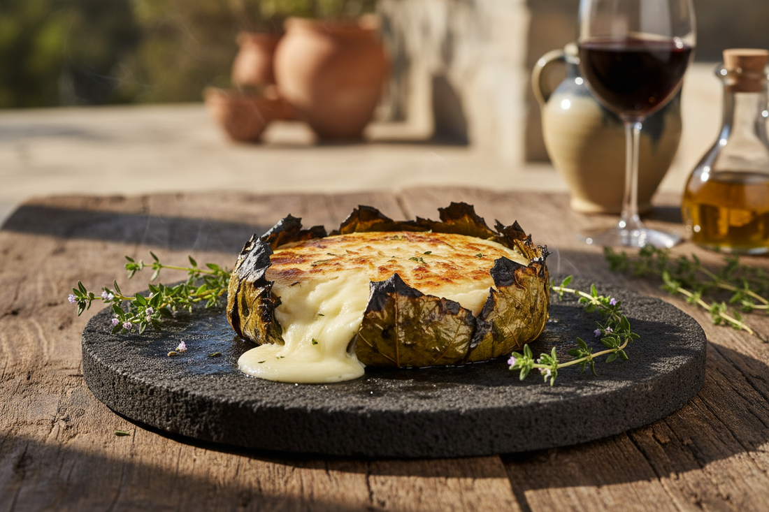 Caciocavallo di Ciminà grigliato in foglia di vite su pietra lavica con timo selvatico calabrese