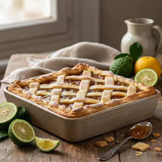 Crostata di Marmellata di Bergamotto con fette di limone e lime sul tavolo.