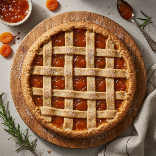 Crostata integrale di marmellata su un tagliere di legno, decorata con zucchero a velo.