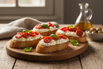 Crostini con burrata e pomodorini confit all'olio EVO calabrese
