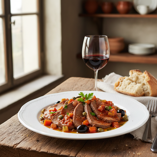 Lingua brasata all'italiana con salsa di capperi e cetriolini, ricetta tradizionale
