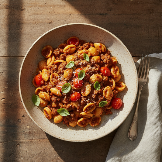Orecchiette al ragù di salsiccia calabrese e pomodorini in un piatto rustico.