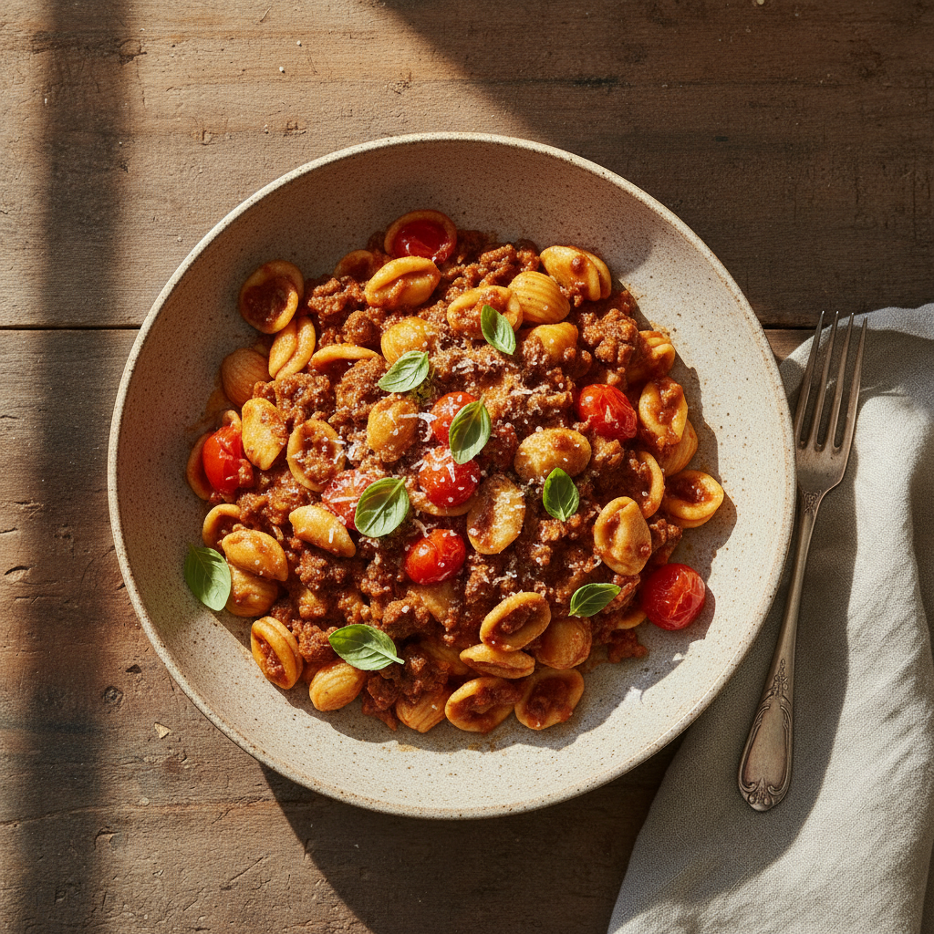 Orecchiette al ragù di salsiccia calabrese e pomodorini in un piatto rustico.