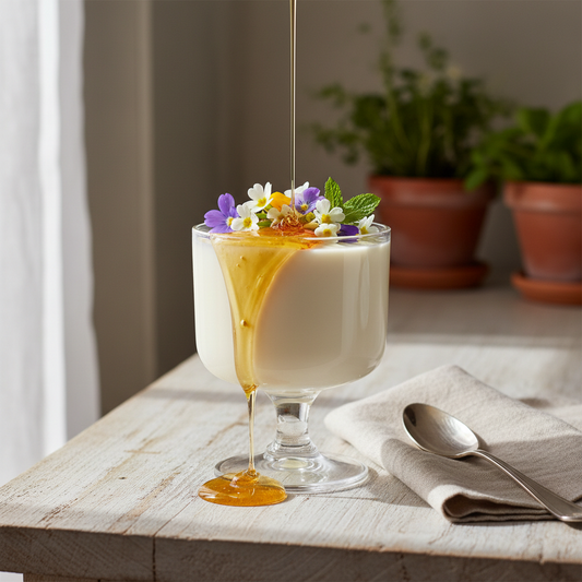 Panna Cotta al Miele di Fiori con fiori freschi e miele, ricetta panna cotta miele di fiori.
