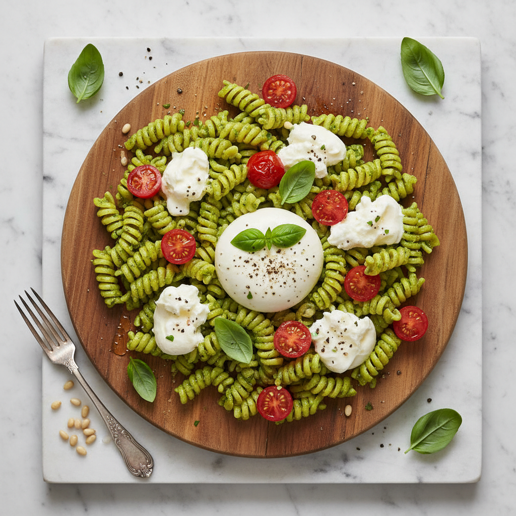 Pasta al Pesto di Basilico con Pomodorini e Burrata