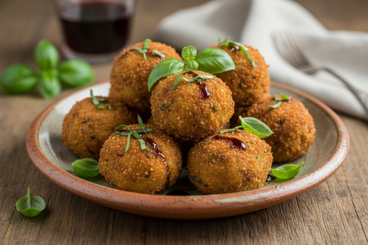 Polpettine di melanzane fritte ricetta: deliziose polpette fritte servite con basilico fresco.