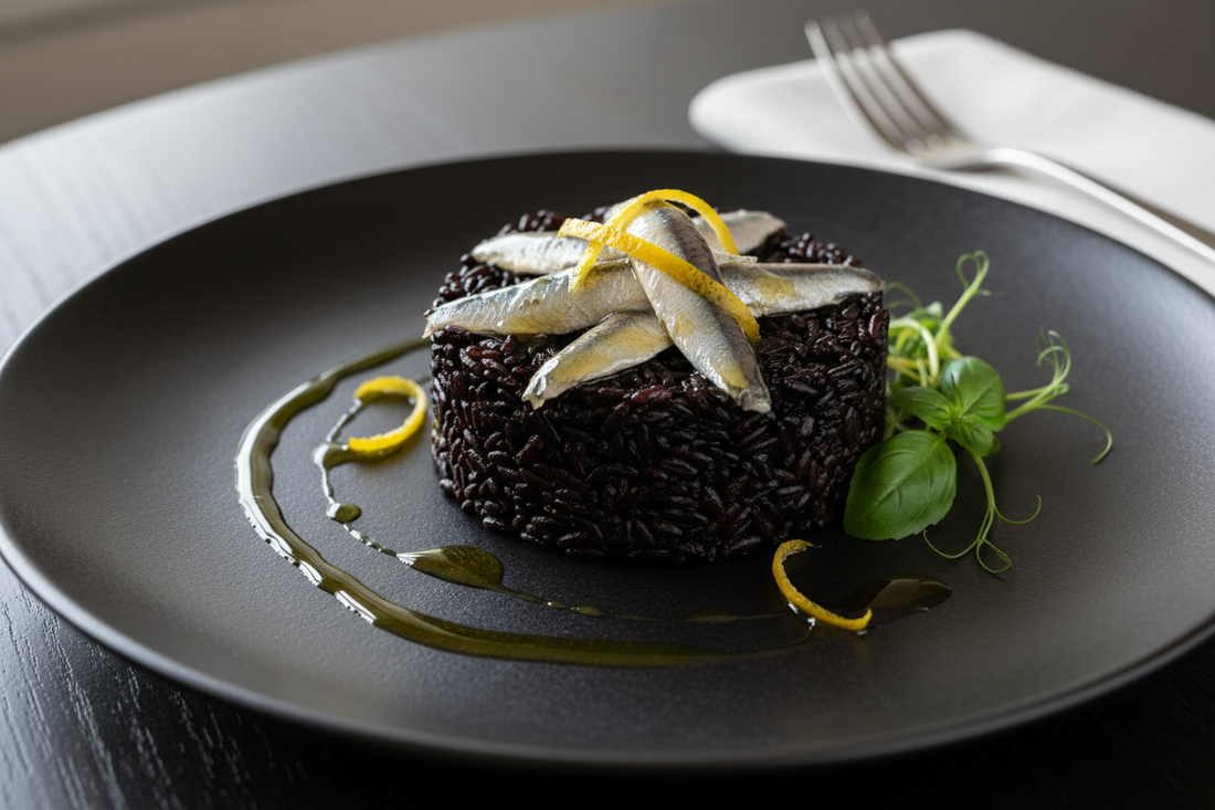 Riz Noir Nerone de Calabre aux Anchois à la Bergamote et Huile d'Olive