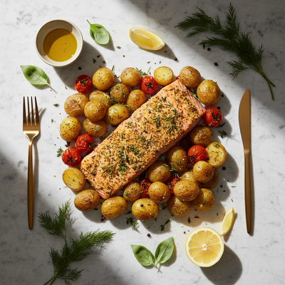 Salmone al Forno con Crosta di Erbe e Patate Arrosto