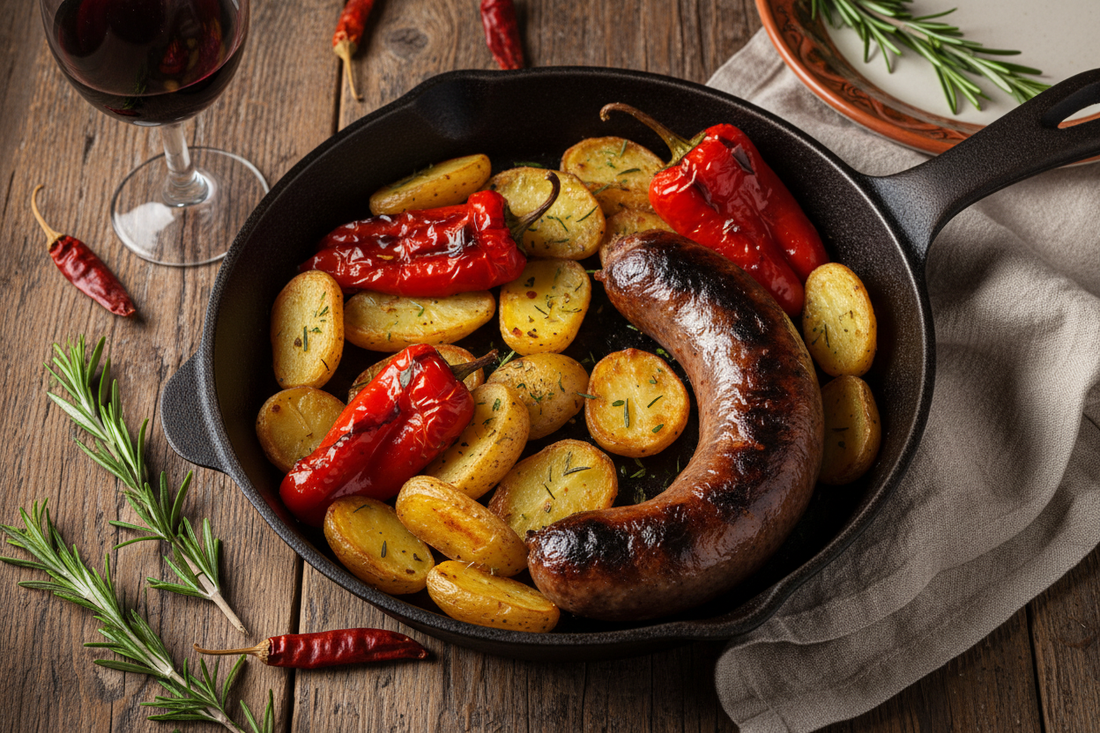 Saucisse Courbe Calabraise aux Pommes de Terre d'Aspromonte et Poivrons
