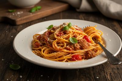 Spaghetti alla nduja calabrese con pomodoro San Marzano e pecorino grattugiato