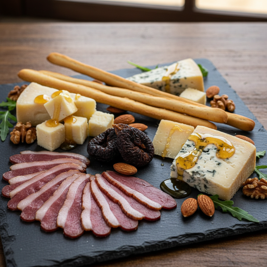 Plateau Gourmet avec Speck de Canard Fumé, Fromages Affinés et Miel de Châtaignier