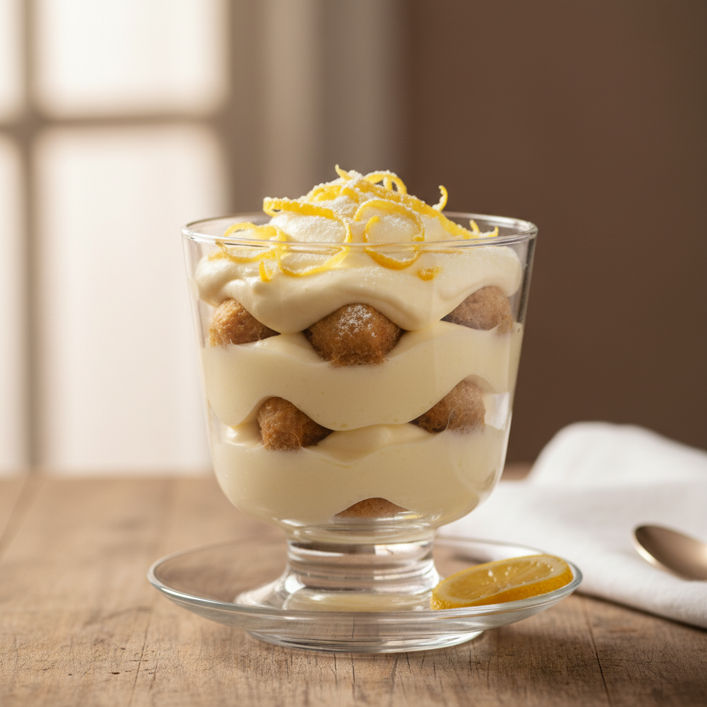 Delizioso tiramisù al limoncello ricetta con crema di limone e savoiardi, servito in un bicchiere trasparente.