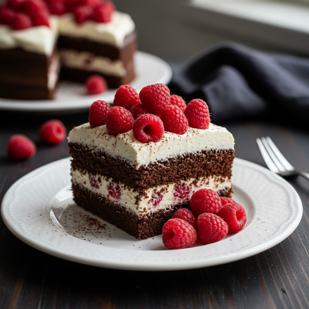 Torta al Cioccolato Fondente con Crema al Mascarpone e Lamponi