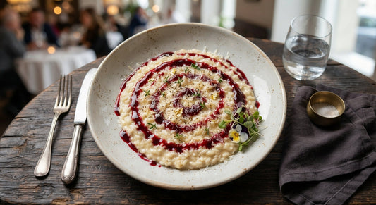 Risotto mantecato al Parmigiano Reggiano DOP 30 mesi con riduzione di Lamùri Nero d'Avola — Tastiness Food Shop