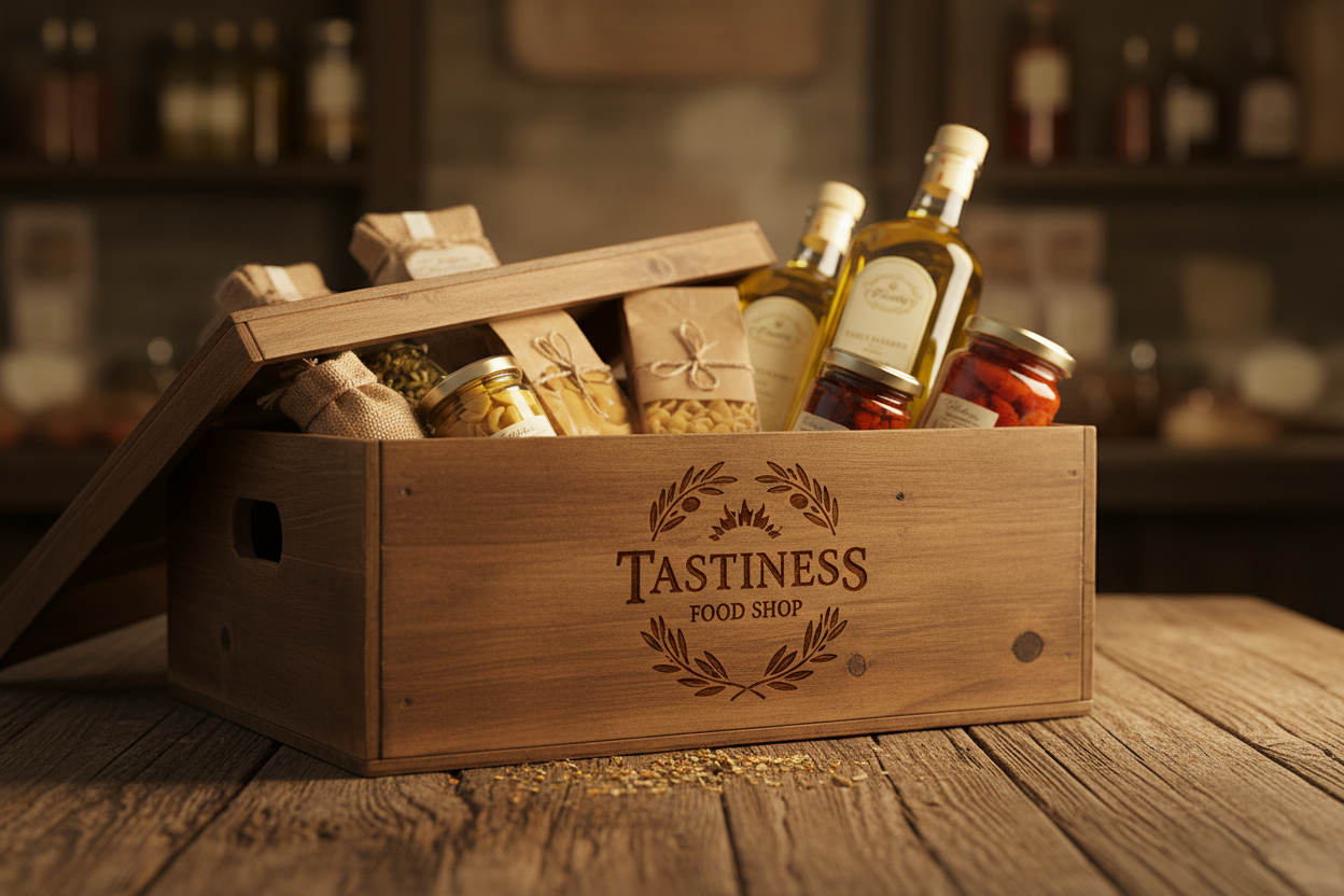 box gastronomica Tastiness Food Shop filled with gourmet items on a rustic wooden table.