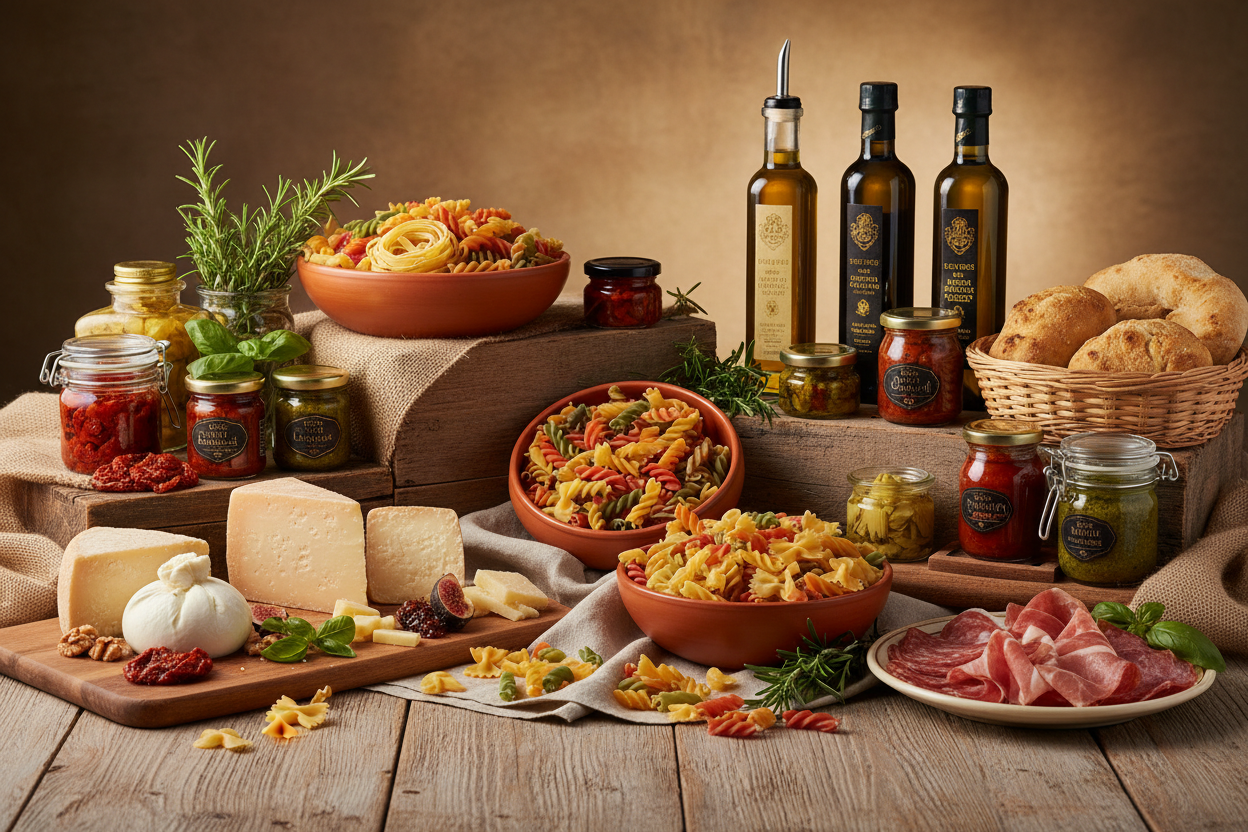 Variety of Italian foods including cheese, pasta, oils, and cured meats, representing Piatti Pronti Tipici della cucina italiana.
