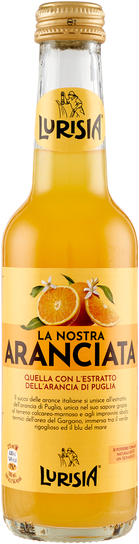 aranciata frizzante Lurisia in a glass bottle showcasing signature orange flavor and Italian quality ingredients.