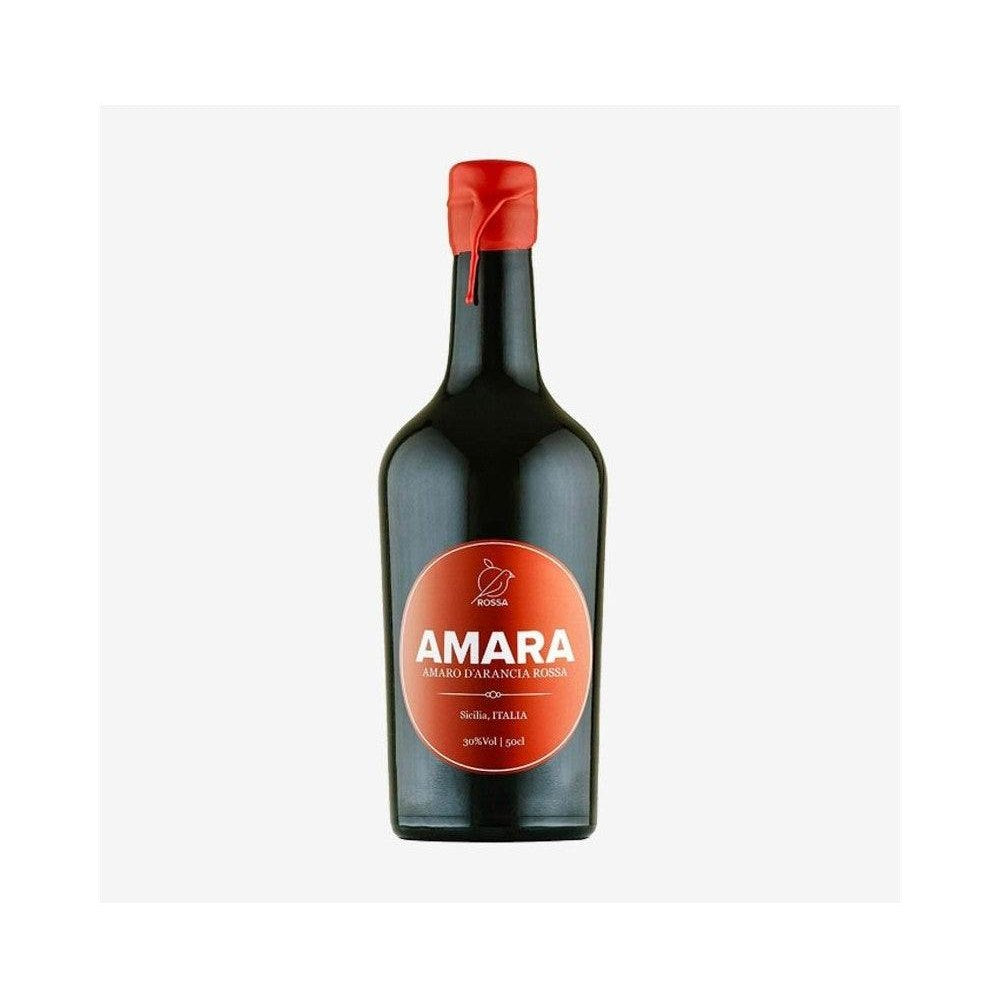AMARA Amaro all' Arancia di Sicilia 50 cl bottle with red label, showcasing Mediterranean flavors and aromas.