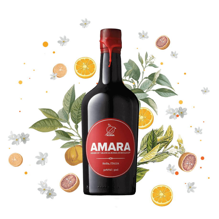 Bottle of AMARA - Amaro all' Arancia di Sicilia with citrus fruits and herbs, representing Mediterranean flavors.