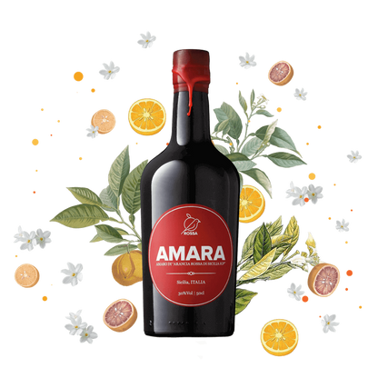 Bottle of AMARA - Amaro all' Arancia di Sicilia with citrus fruits and herbs, representing Mediterranean flavors.