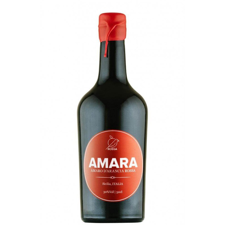 Bottle of AMARA - Amaro all' Arancia di Sicilia, a natural digestif from Sicily with red orange peel.