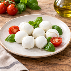 Bocconcini di mozzarella su piatto con basilico e pomodoro