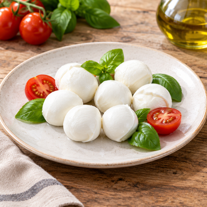 Bocconcini di mozzarella su piatto con basilico e pomodoro