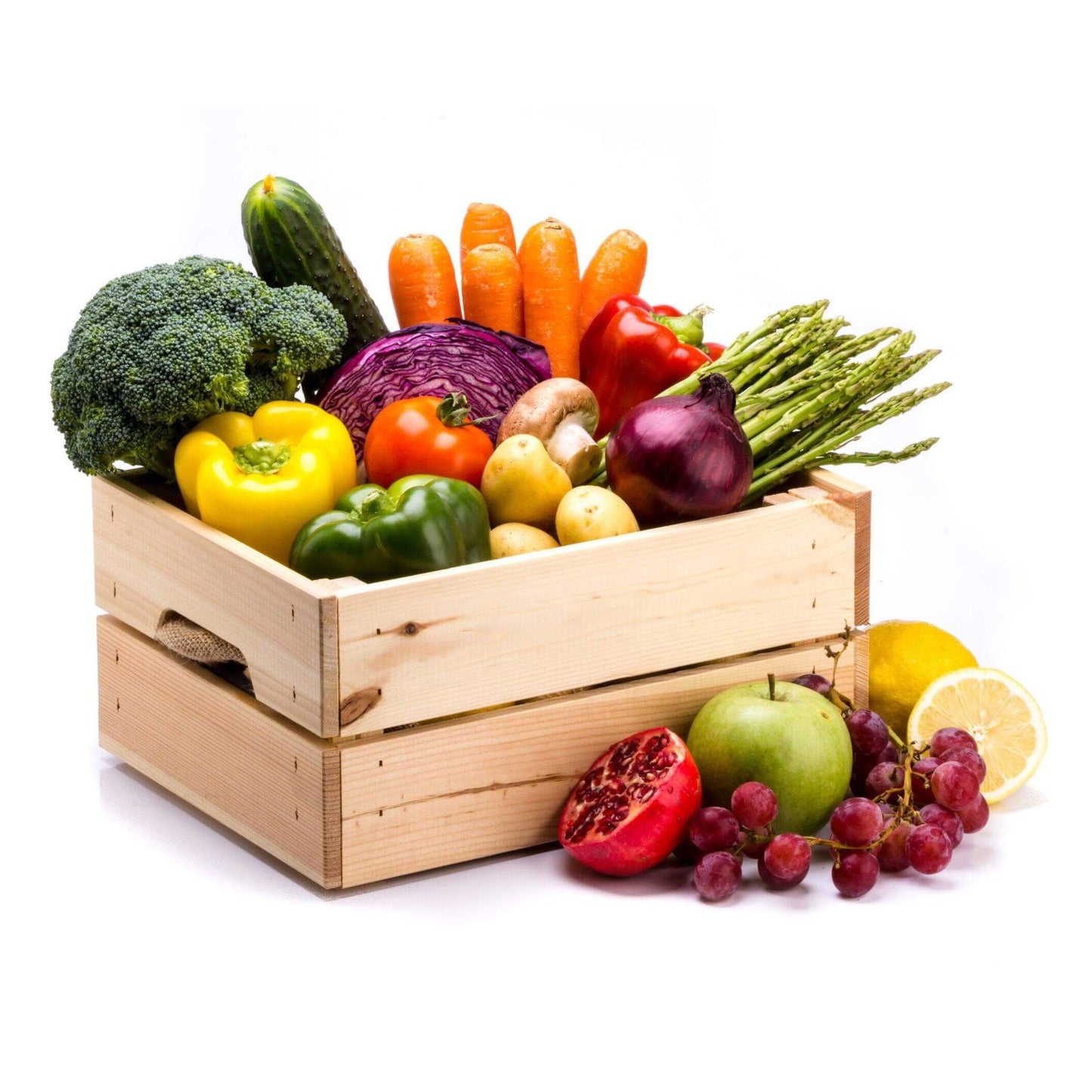 Cassetta Mix di agrumi e ortaggi freschi di stagione, 5 kg, includendo broccoli, carote, peperoni e frutta.