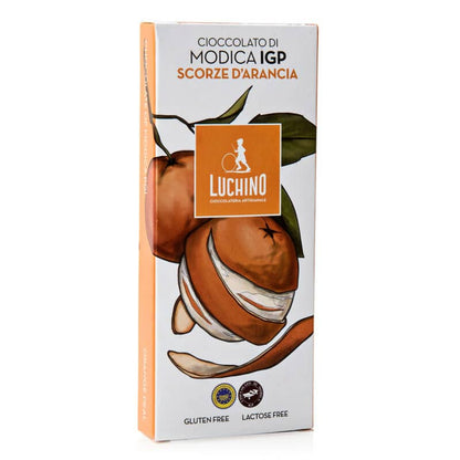 Cioccolato di Modica IGP con scorzette d'arancia, confezione da 100 gr, prodotto artigianale e gluten free.