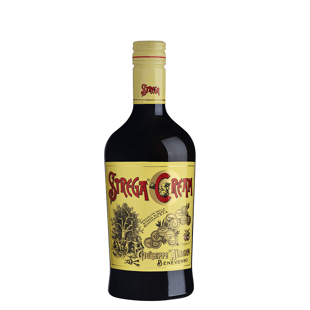 Crema di Liquore Strega 70 cl in a distinctive bottle with a yellow label and intricate design.