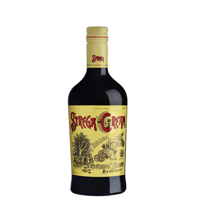 Crema di Liquore Strega 70 cl in a distinctive bottle with a yellow label and intricate design.