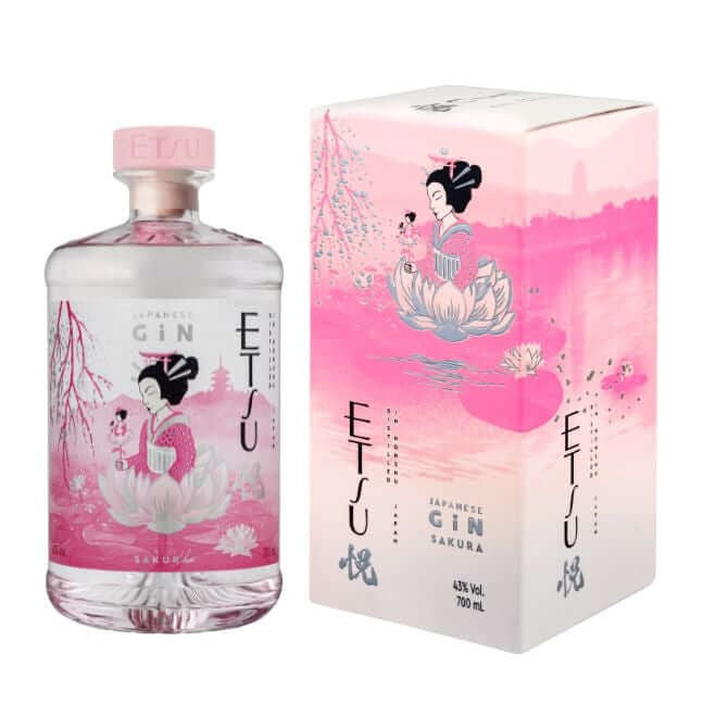 Etsu Sakura Japanese gin bottle and packaging, showcasing elegance with floral and pastel design.