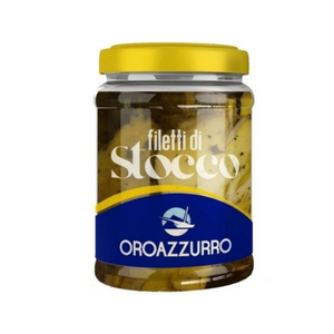 Filetti di Stocco Calabrese 180 gr in olio d'oliva, barattolo Oroazzurro, ideale per antipasti.