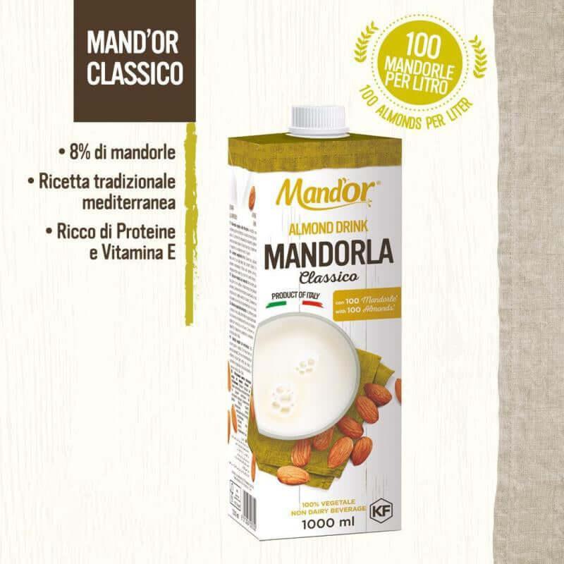 Mand'or Almond Drink 1L, rich in protein and vitamin E, made with 8% almonds, traditional Mediterranean recipe.