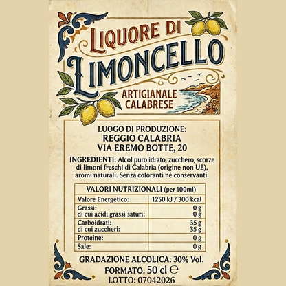Limoncello - Liquore artigianale di limone Calabrese, etichetta con ingredienti e valori nutrizionali, bottiglia da 50 cl.