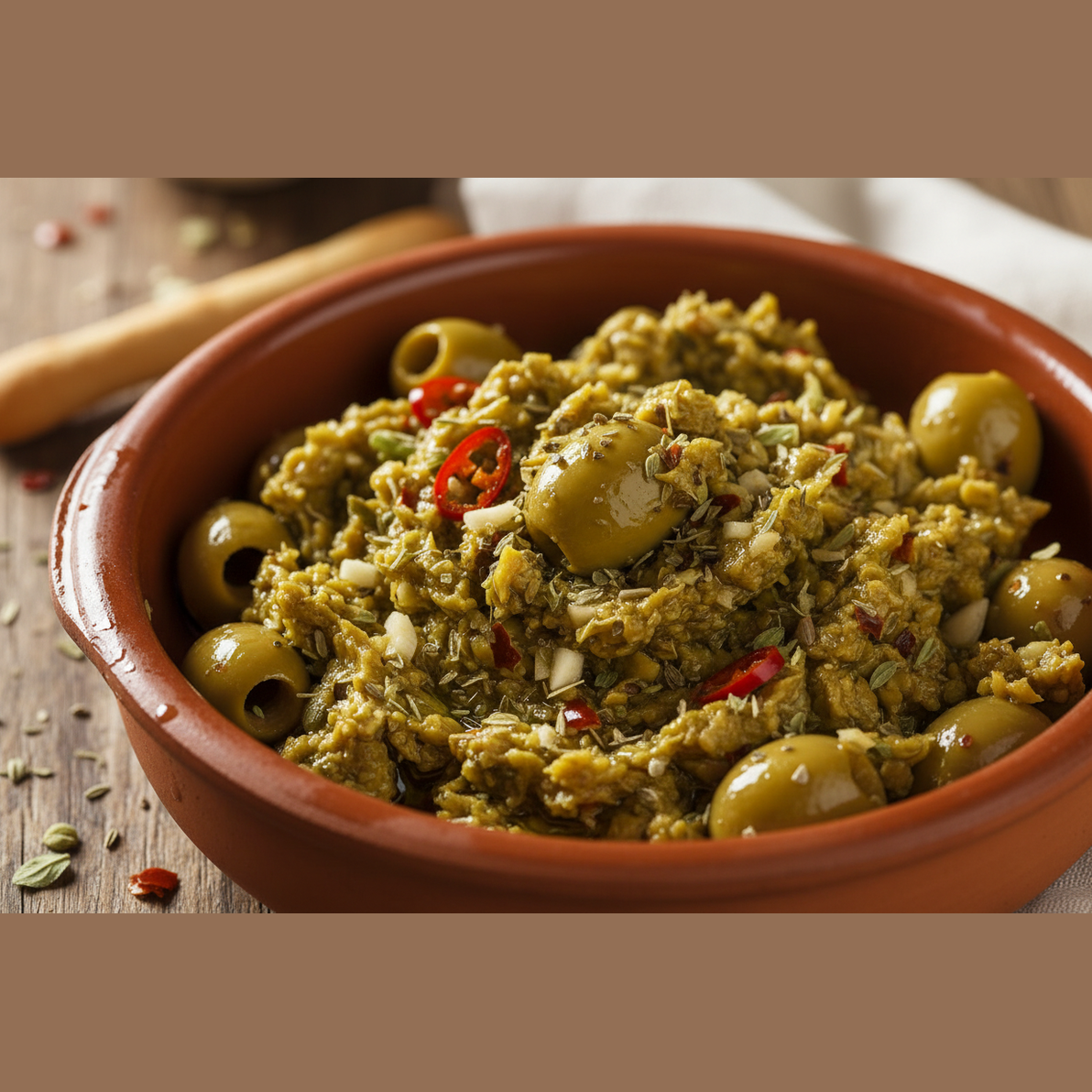 olive verdi schiacciate e condite con aglio origano peperoncino e olio di oliva conenute in una terrina