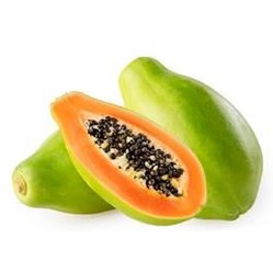 Papaya fruit cut in half, showcasing sweet orange flesh and black seeds, cultivated in Calabria, Italy.