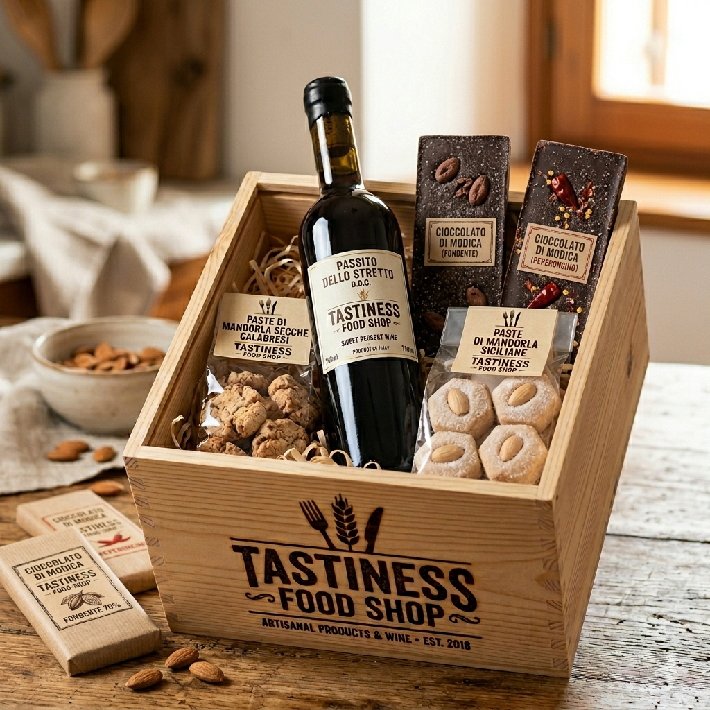 box dolcezze dolci artigianali with artisanal almond pastries, Passito dello Stretto wine, and Modican chocolate.