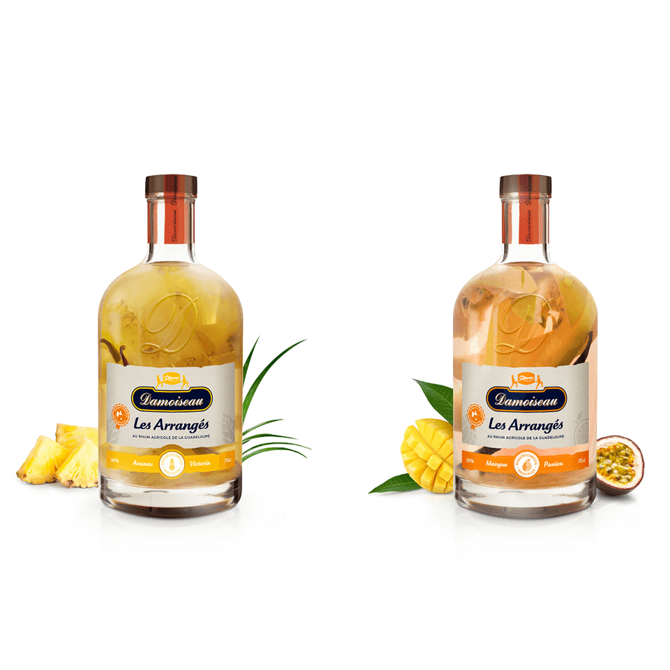 Rum Agricolo Daimoiseau Les Arrangés bottles with Mango, Passion Fruit, Pineapple, and Vanilla flavors, 70 cl each.
