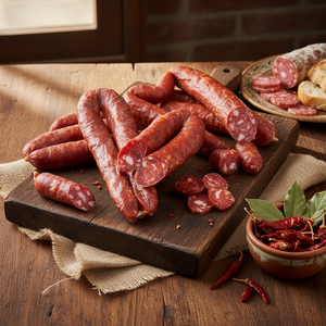 Salsiccia Curva Calabrese unica al monto per gusto e piccantezza su sfondo rosso.