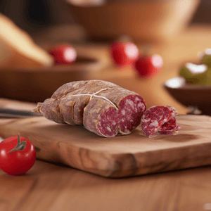 Soppressata Grecanica calabrés stagionata naturalmente e affumicata su un tagliere di legno con pomodori freschi.