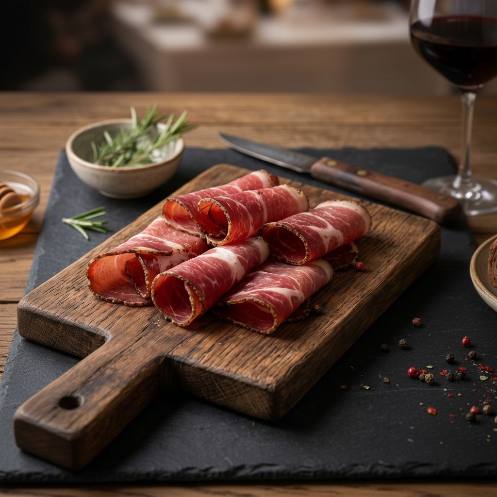Speck d'anatra affumicato artigianale affettato su ardesia – salume gourmet premium
